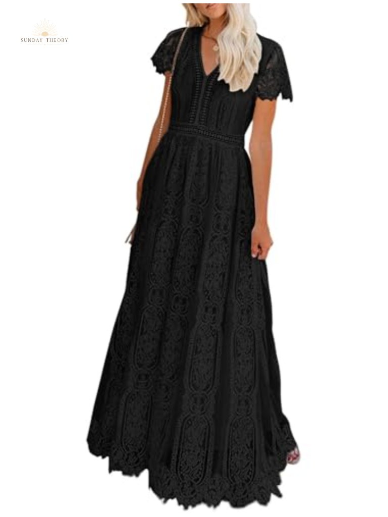 V Neck Short Sleeve Floral Lace Wedding Dress A Line Boho Bridesmaid Maxi